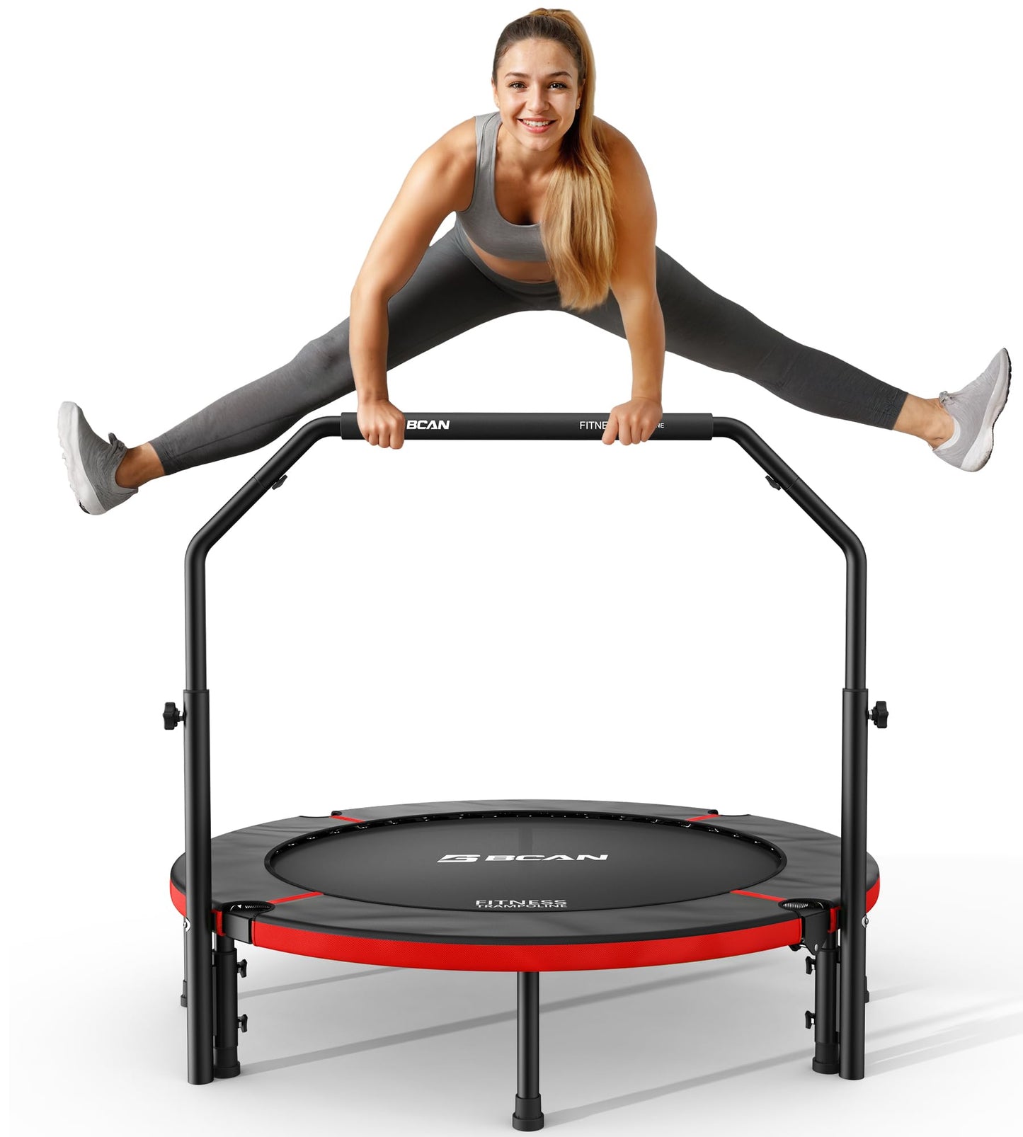 BCAN 48" Foldable Mini Trampoline, Rebounder Trampoline for Adults, Adjustable Foam Handle, Exercise Rebounder for Adults Indoor/Garden Workout, Max Load 440lbs, Red
