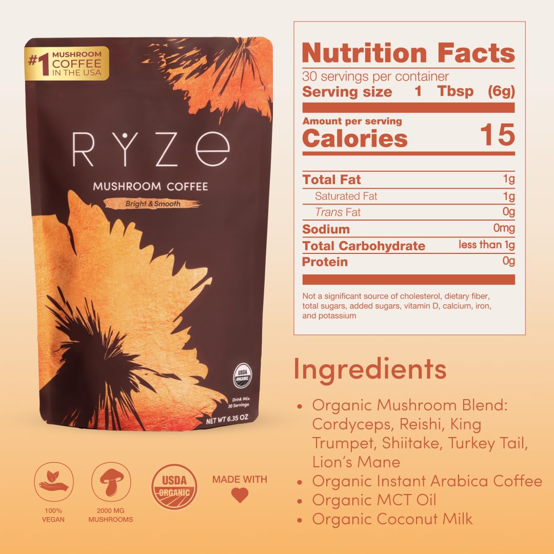 RYZE SUPERFOODS Mushroom Medium Roast Coffee USDA Organic with 6 Adaptogenic Mushrooms, USA Grown Instant Coffee for Better Energy, Focus Digestion Immunity with Lions Mane & Turkey Tail 30 Servings