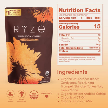 RYZE SUPERFOODS Mushroom Medium Roast Coffee USDA Organic with 6 Adaptogenic Mushrooms, USA Grown Instant Coffee for Better Energy, Focus Digestion Immunity with Lions Mane & Turkey Tail 30 Servings