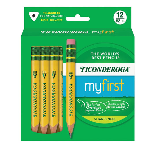 Ticonderoga My First Short Triangular Wood-Cased Pencils, #2 HB Soft, With Erasers, Yellow, 12 Count