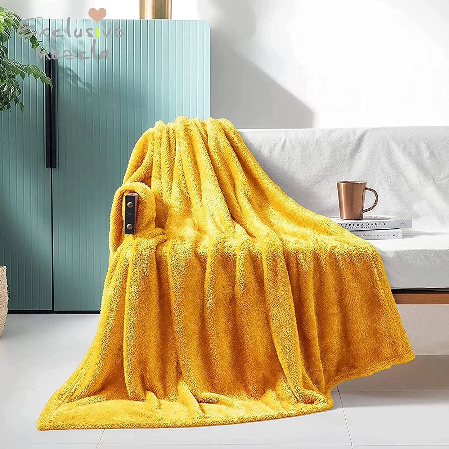 Exclusivo Mezcla Plush Fuzzy Large Fleece Throw Blanket (50" x 70",Mustard Yellow)- Soft, Warm& Lightweight