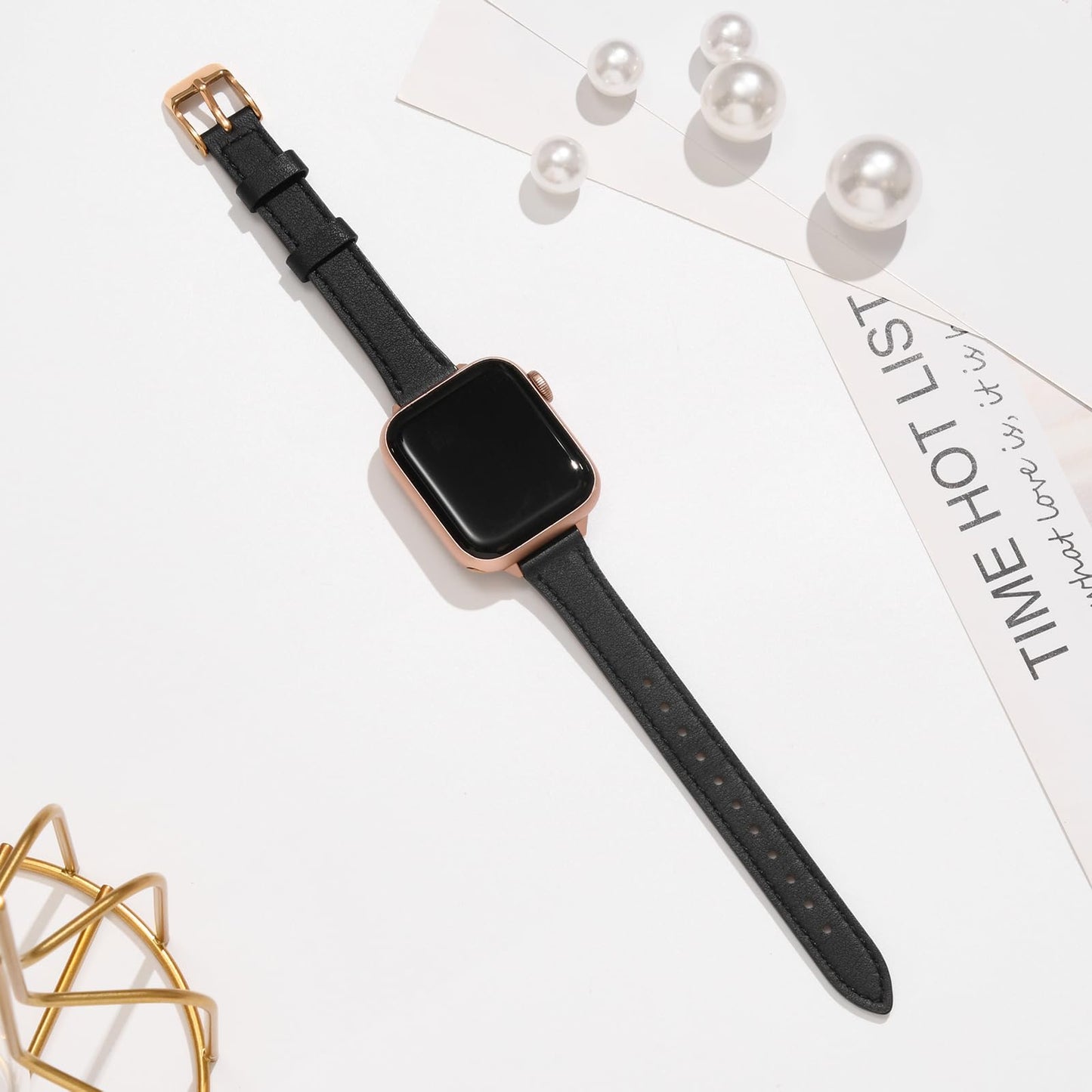 STIROLL Slim Leather Bands Compatible with Apple Watch Band 38mm 40mm 41mm 42mm(Series 11 10), Top Grain Leather Watch Thin Wristband for iWatch SE 9 8 7 6 5 4 3 2 1 (Black Rose Gold)