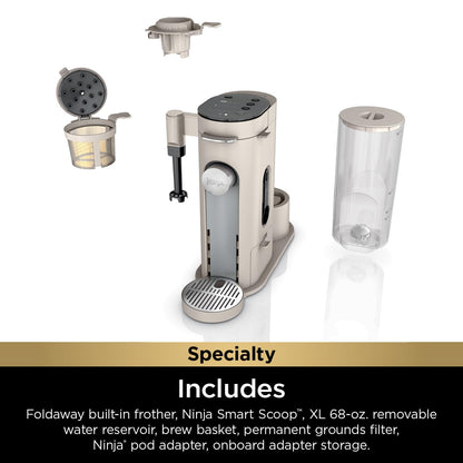 Ninja Pod & Grounds Specialty XL Single-Serve Coffee Maker, K-Cup Pod Compatible, Brews Grounds, Compact Design, Built-In Milk Frother, 68-oz. Reservoir, 6-oz. Cup to 24-oz. Mug Sizes, Stone, PB055AST