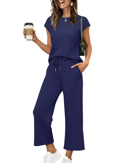 SAMPEEL 2 Piece Sets for Women Summer Matching Sets Women Clothing Ladies Loungewear Sweat Set Travel Outfits Resort Wear 2025 Blue M