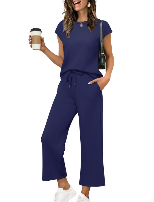 SAMPEEL 2 Piece Sets for Women Summer Matching Sets Women Clothing Ladies Loungewear Sweat Set Travel Outfits Resort Wear 2025 Blue M