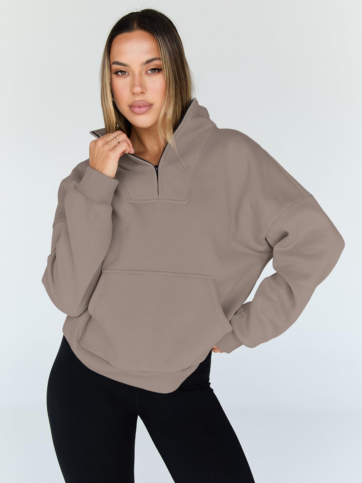 Trendy Queen Sweatshirts Half Zip Pullover Quarter Zip Oversized Hoodies Sweaters Comfy Fall Outfits 2024 Y2K Winter Clothes CoffeeGrey M