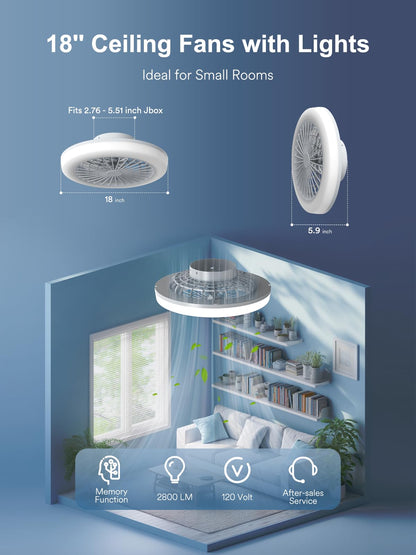 ANGELHALO 18" Smart Ceiling Fan with Light, RGBWW Flush Mount Fandelier with Remote/App Control, Music Sync, Quiet 6-Speed Motor, Low Profile for Bedroom/Kids Room/Home Offices/Small Living Spaces
