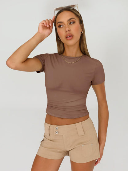 AUTOMET Womens 3 Piece Short Sleeve Shirts Basic Going Out Slim Fitted Crop Tops 2026 Summer Y2k Spring Clothes Black,White,Coffee M