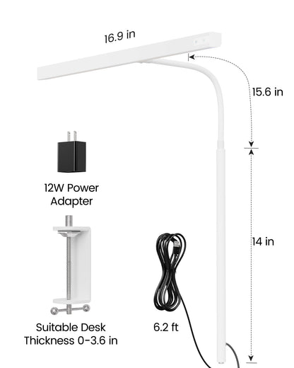 SUPERDANNY LED Desk Lamp for Home Office, Eye-Caring Desk Light with Adjustable Gooseneck, 12W Touch Control Dimmable Brightness, Architect Clamp Lamp with USB Adapter, White