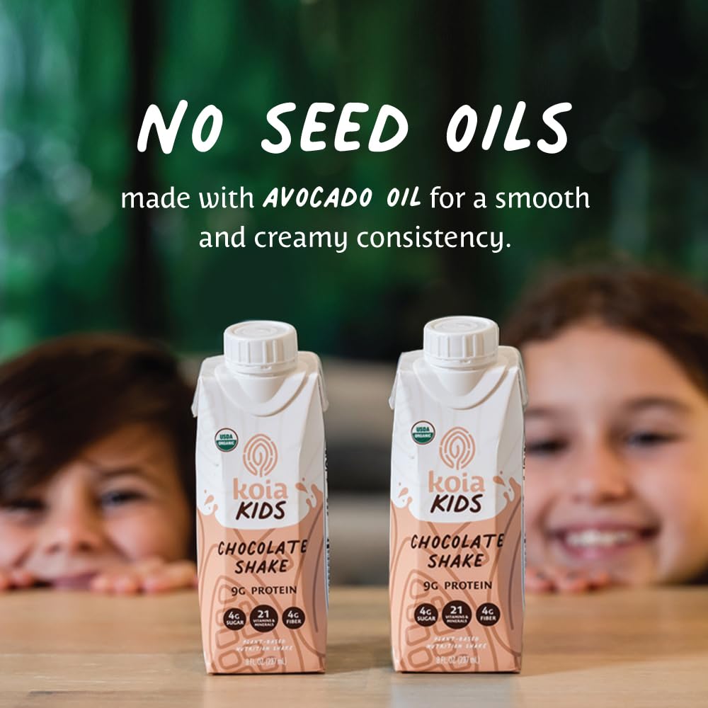 Koia Kids Plant Based Protein Shake, Chocolate, Ready to Drink, 9g Protein, 4g Low Sugar, 4g Fiber, 21 Vitamins & Minerals, Dairy-Free, Allergen-Free, Organic, Non-GMO, 8 Fl Oz (Pack of 12)