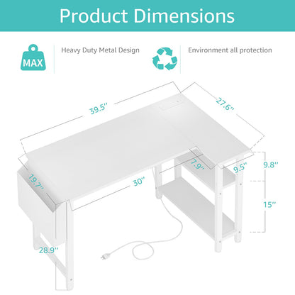 Lufeiya White L Shaped Computer Desk with Power Outlet Shelves, 40 Inch Small Corner Desk for Small Space Home Office, L-Shaped Desk PC Desks, White