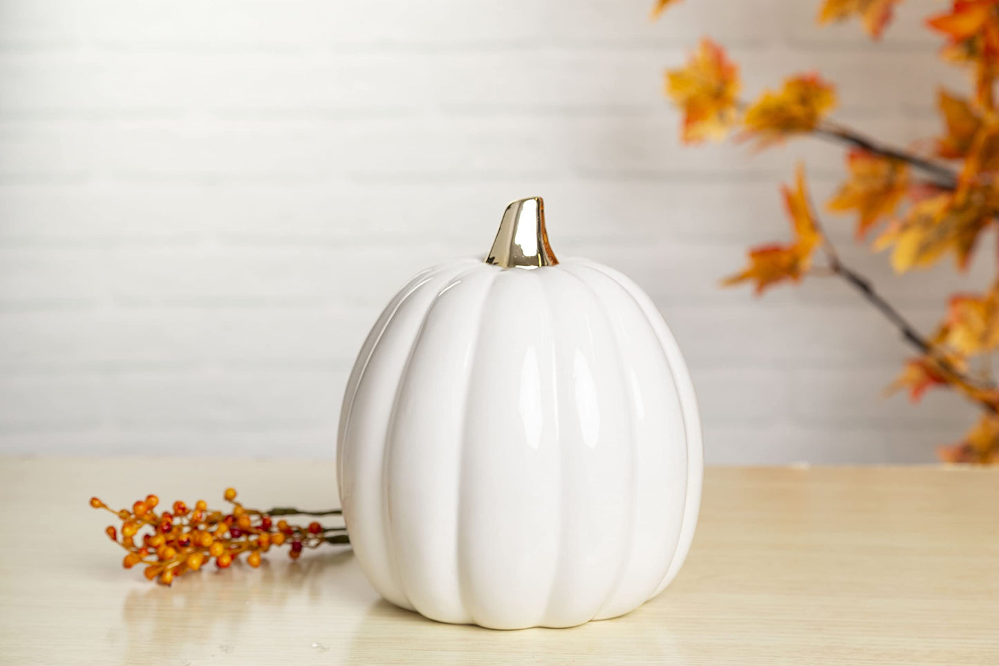 Pearhead White Ceramic Pumpkin with Gold Stem – Elegant Fall Harvest Décor, Modern Autumn Tabletop Accent, Thanksgiving Centerpiece, and Seasonal Home Decoration