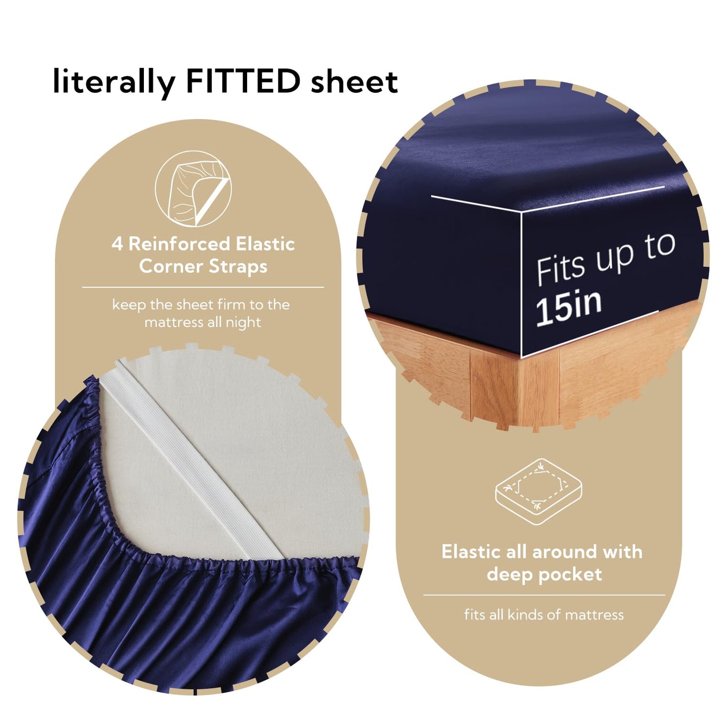 Candoury Satin Sheets Bed Set 4 Pcs, King Size Silky Bedding Set, Soft and Durable Pillowcase, Flat Sheet and Fitted Sheet, Hotel Luxury Bed Sheets Set(King, Navy Blue)