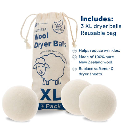 GE Appliances Wool Dryer Balls, XL Reusable Natural Fabric Softener Made of 100% Pure New Zealand Wool, Set of 3