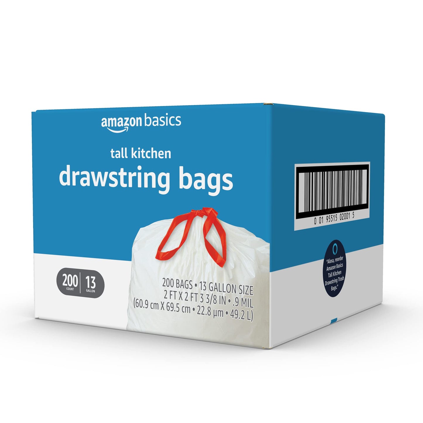 Amazon Basics Tall Kitchen Drawstring Trash Bags, Sturdy, 13 Gallon, Unscented, 200 Count