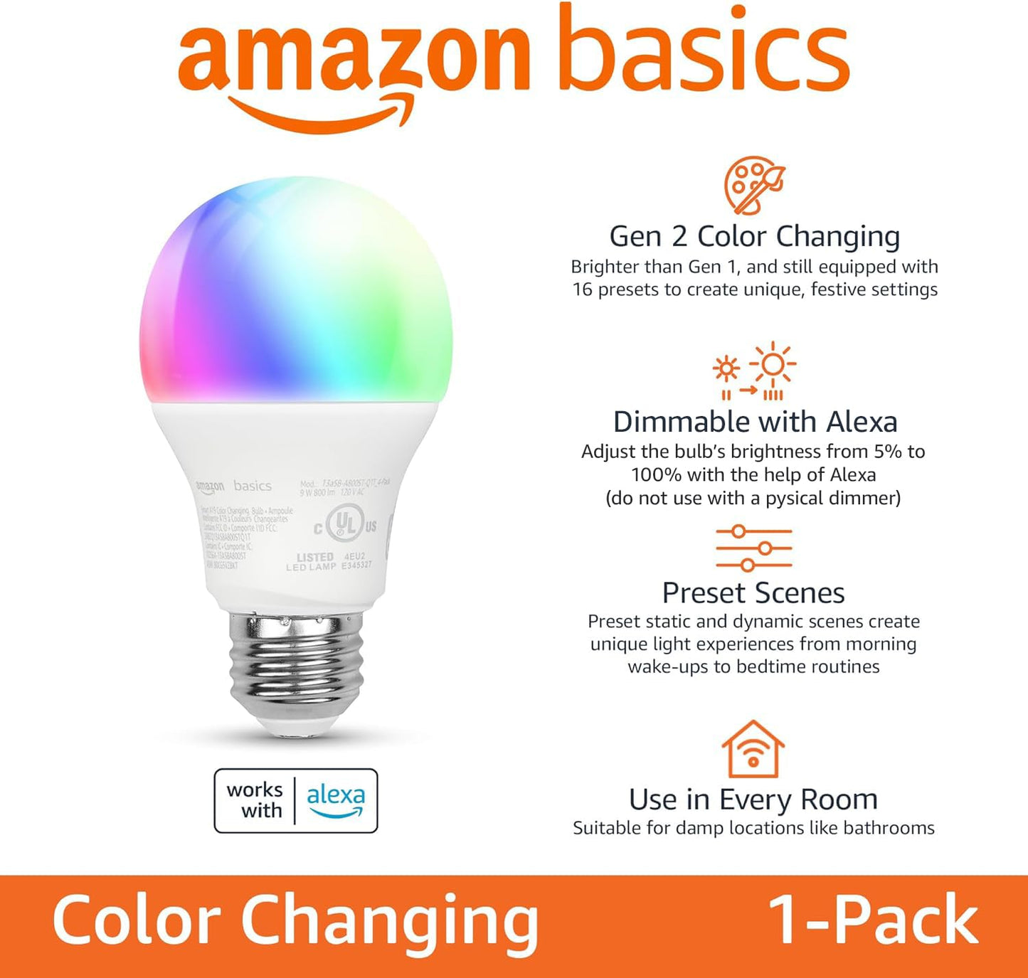 Amazon Basics Smart A19 LED Light Bulb, Color Changing, 9W (60W Equivalent), 800LM, Works with Alexa Only, 2.4 GHz Wi-Fi, No Hub Required, 1-Pack