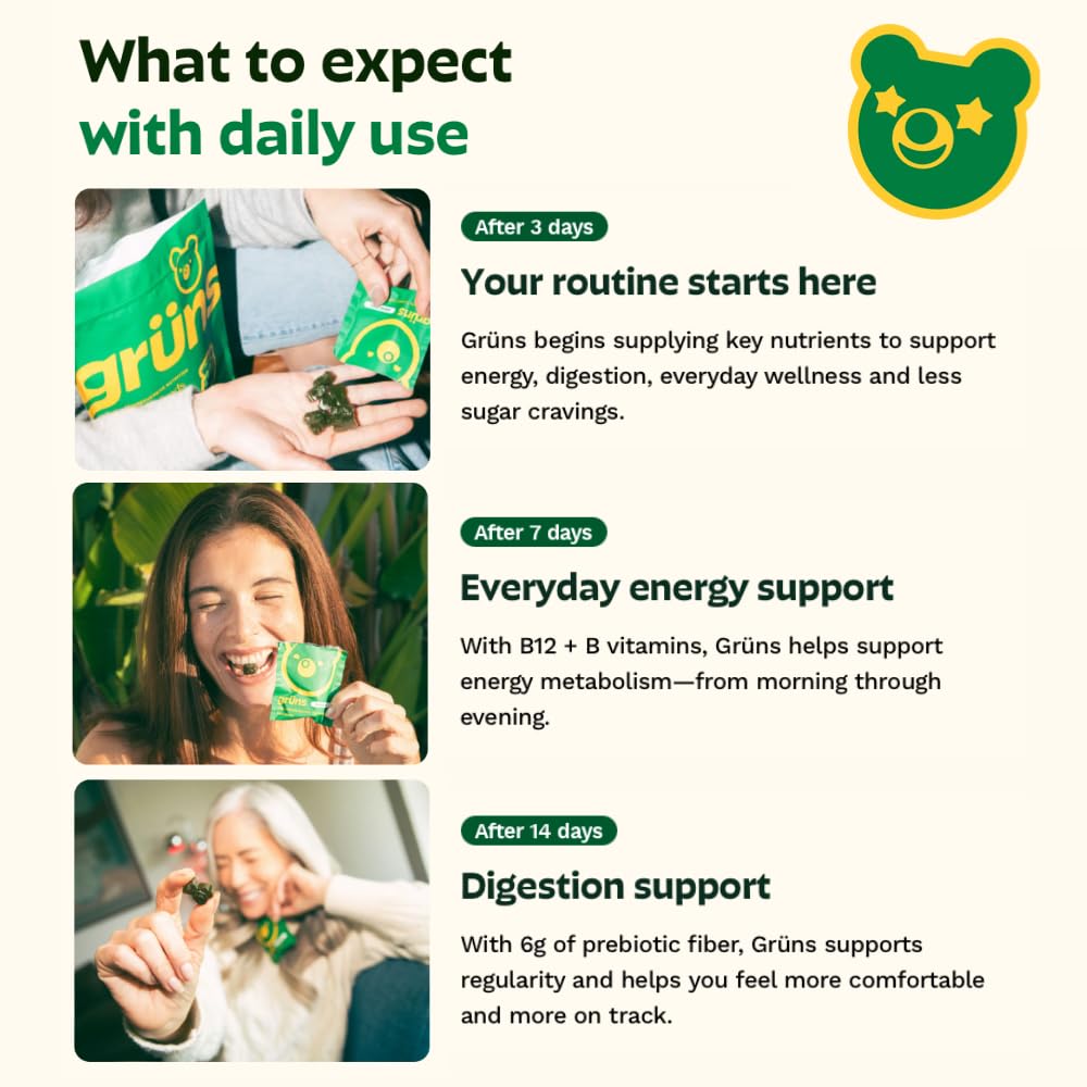 Gruns Adults Super Greens Multivitamin Gummies, Superfood Vitamin Gummy Bears with Spirulina, Chlorella, Prebiotic Fiber for Digestive Health, Adaptogens Supplement, 20 Vitamins & Minerals, 28 Count