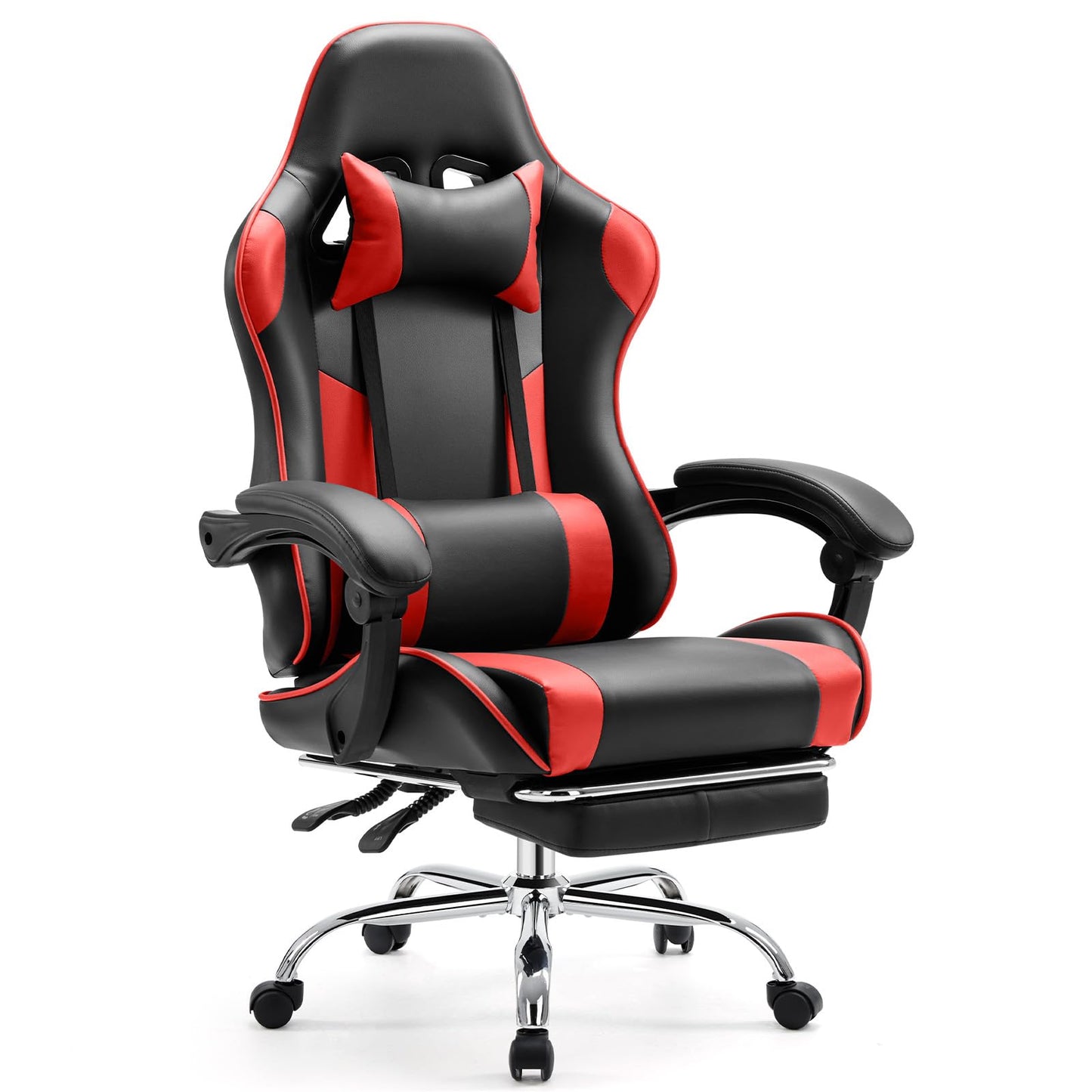 Sweetcrispy Video Game Desk Chair - Ergonomic Computer with Footrest and Comfy Lumbar Support, PU Leather Recliner with Headrest, Fixed Up Armrest, Height Adjustable with 360° Swivel, for Adults, Red