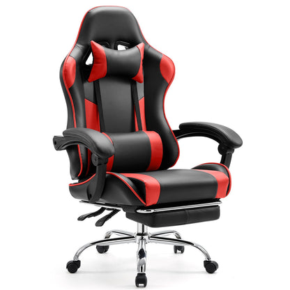 Sweetcrispy Video Game Desk Chair - Ergonomic Computer with Footrest and Comfy Lumbar Support, PU Leather Recliner with Headrest, Fixed Up Armrest, Height Adjustable with 360° Swivel, for Adults, Red