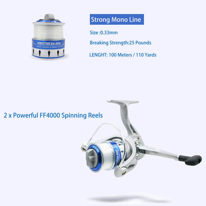Fishing Pole Combo Set,2.1m/6.89ft 2PCS Collapsible Rods 2PCS Spinning Reels Mono Fishing line Come Setup Already！Lures Set Carrier Bag Freshwater Kit Fishing Rod Reel Combos ministoream
