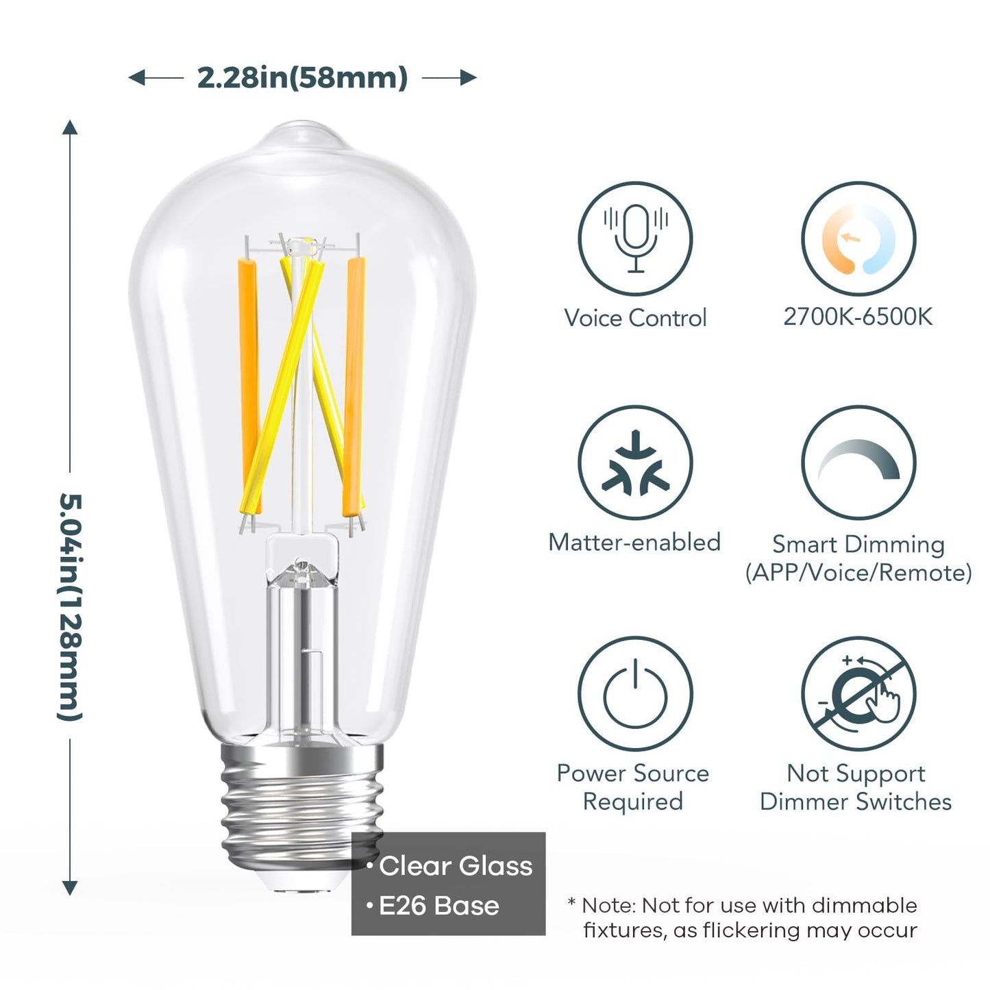 Linkind Matter Smart Light Bulb, ST19 (ST58) Smart Edison Bulbs, 2700K-6500K E26 LED Bulb 8W 60W, 800LM Edison Light Bulb, Work with Alexa, Google Home, Apple Home, SmartThings, 2.4GHz WiFi, 4-Pack