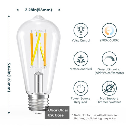Linkind Matter Smart Light Bulb, ST19 (ST58) Smart Edison Bulbs, 2700K-6500K E26 LED Bulb 8W 60W, 800LM Edison Light Bulb, Work with Alexa, Google Home, Apple Home, SmartThings, 2.4GHz WiFi, 4-Pack