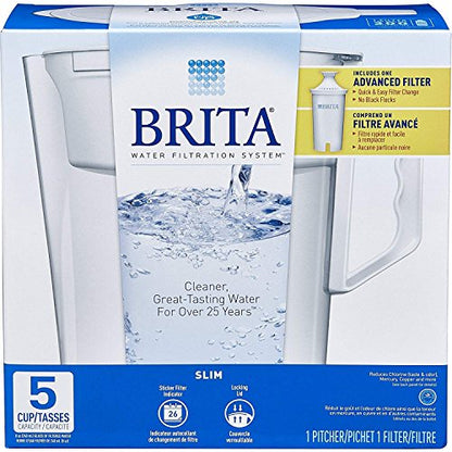 Brita Water Pitcher, Slim, Capacity, Includes One Advanced Filter, White - 5 Cup Size