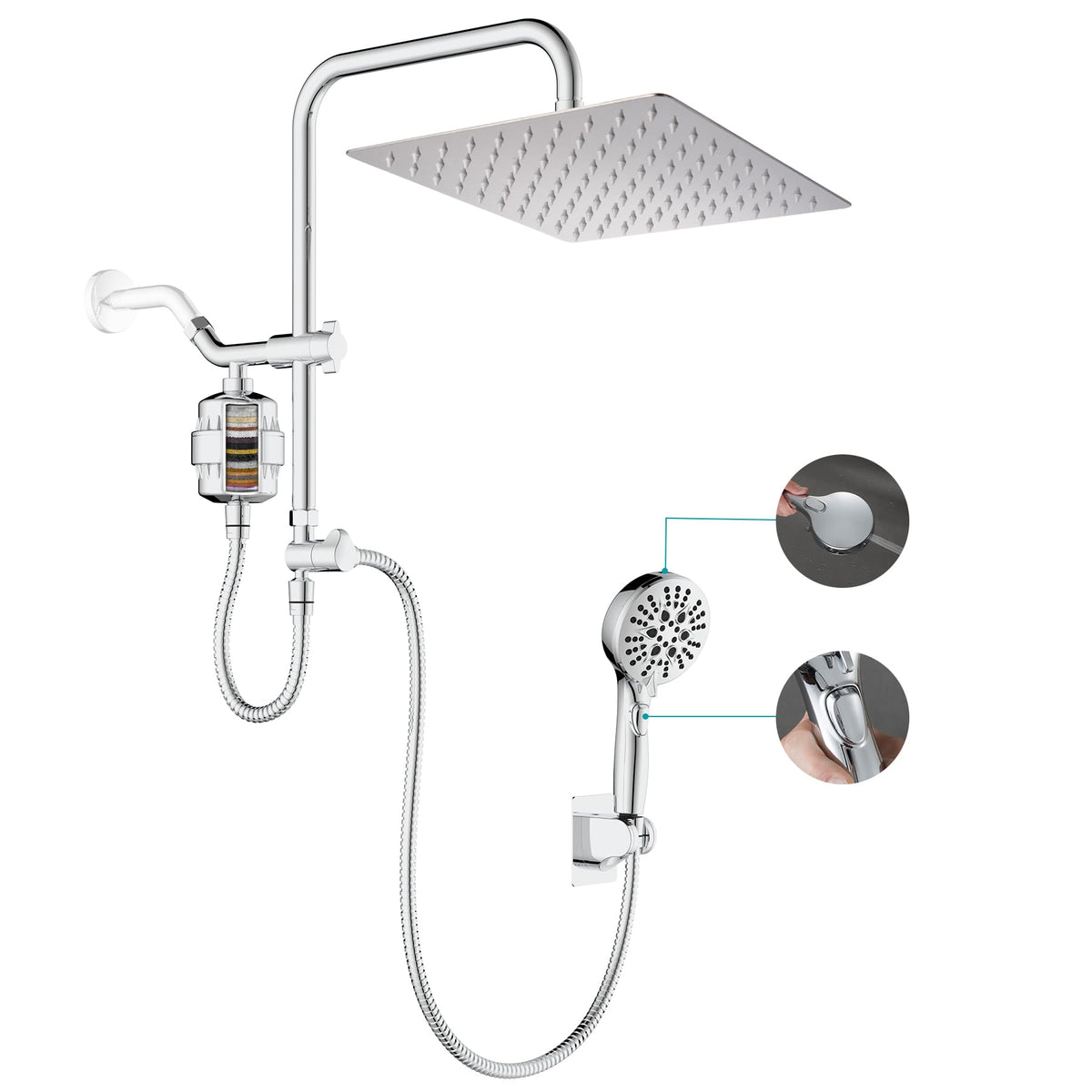 GwernKB Dual Shower Head with Filter Combo,Stainless Steel 10in Rainfall Showerhead with 10in Height Adjustable Slide Bar&3-Way Diverter,Handheld Shower Head with On Off Switch&Adhesive Shower Holder