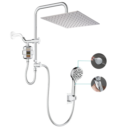 GwernKB Dual Shower Head with Filter Combo,Stainless Steel 10in Rainfall Showerhead with 10in Height Adjustable Slide Bar&3-Way Diverter,Handheld Shower Head with On Off Switch&Adhesive Shower Holder
