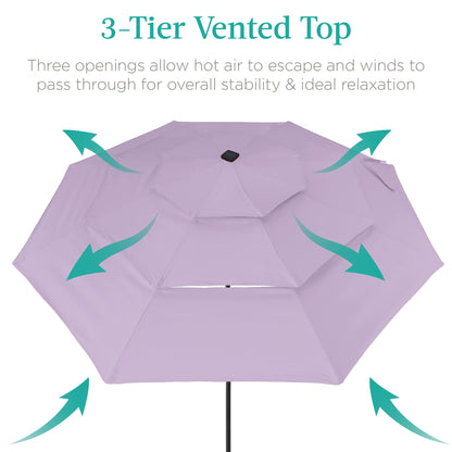 Best Choice Products 10ft 3-Tier Solar Patio Umbrella, Outdoor Market Sun Shade for Backyard, Deck, Poolside w/ 24 LED Lights, Tilt Adjustment, Easy Crank, 8 Ribs - Lavender