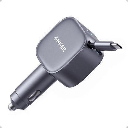 Anker USB-C Car Charger, 75W Max Ultra-Compact Type-C Fast Car Charger with Built-in USB-C Retractable Cable, Car Adapter for iPhone 16/15 Series, MacBook Pro/Air, iPad, Galaxy, AirPods, and More