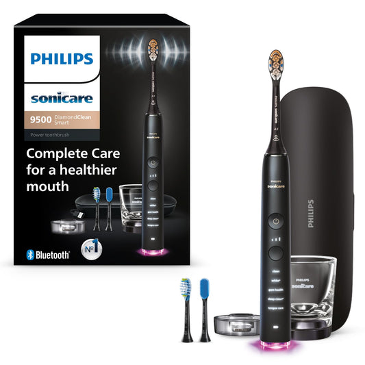 Philips Sonicare DiamondClean Smart 9500 Electric Toothbrush, Sonic Toothbrush with App, Pressure Sensor, Brush Head Detection, 5 Brushing Modes and 3 Intensity Levels, Black, Model HX9923/11