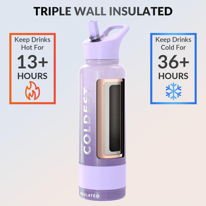 Coldest Insulated Water Bottle with Straw Lid - Stainless Steel Metal Insulated Bottle for Men & Women (Purple Ombré Glitter, 40 oz)