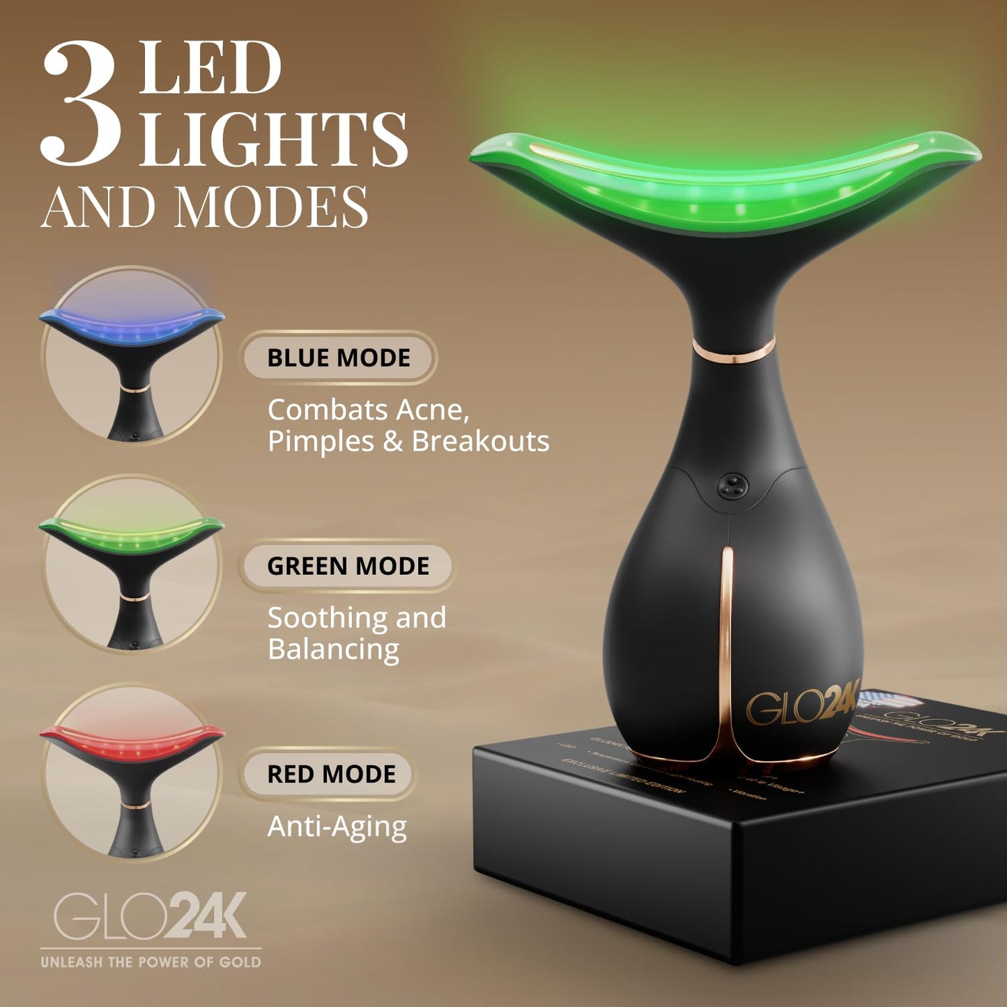 GLO24K Red Light Face & Neck Beauty Device – 3-in-1 Facial Massager Tool with LED & Vibration for Skin Revitalization and Neck Firming