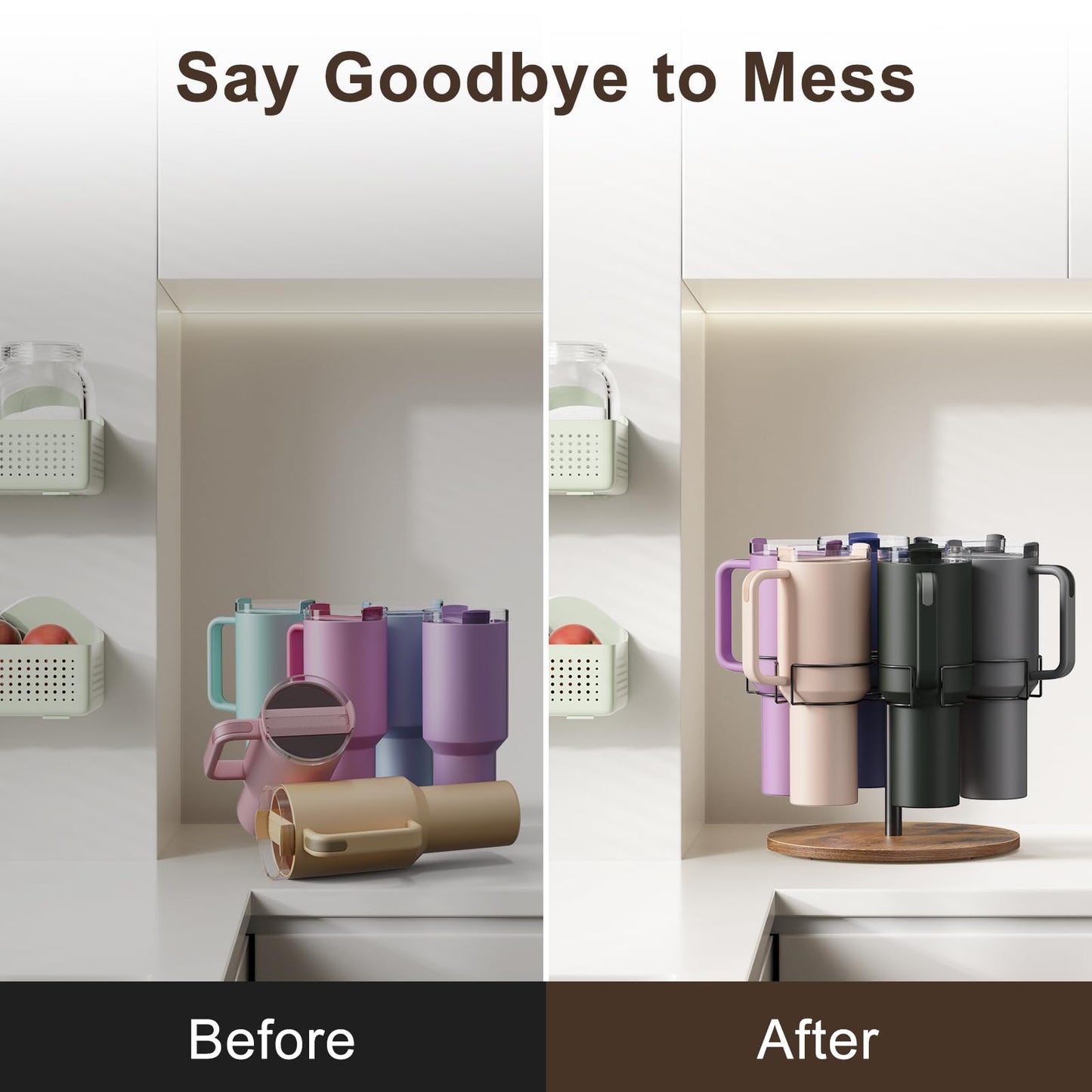 Yeuslor Water Bottle Organizer for Stanley 40 oz Tumbler with Handle, Rotatable Stanley Cup Organizer Holder, Kitchen Organizers and Storage for Stanley Cup Accessories, Wooden Base(Black)