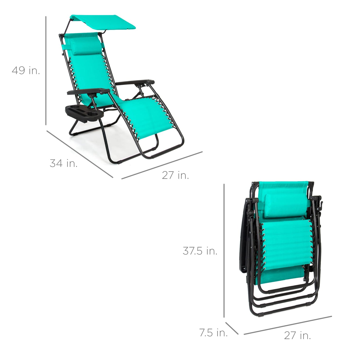 Best Choice Products Folding Zero Gravity Outdoor Recliner Patio Lounge Chair w/Adjustable Canopy Shade, Headrest, Side Accessory Tray, Textilene Mesh - Mint