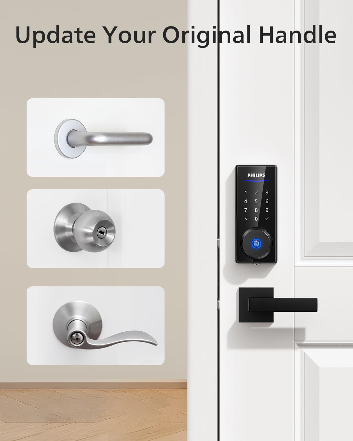Philips Fingerprint Door Lock with 2 Lever Handles Set, Keyless Entry Door Lock with Handles, Electronic Door Lock Set with Code, Door Lock Set for Front Door,Auto Lock, Touchscreen Keypad with Key