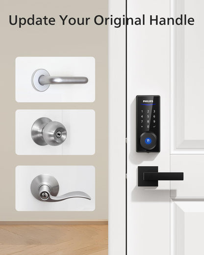 Philips Fingerprint Door Lock with 2 Lever Handles Set, Keyless Entry Door Lock with Handles, Electronic Door Lock Set with Code, Door Lock Set for Front Door,Auto Lock, Touchscreen Keypad with Key