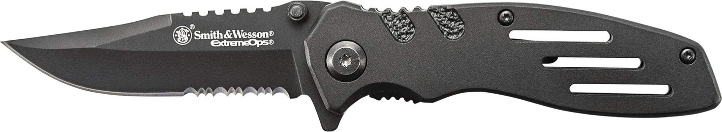 Smith & Wesson Accessories Extreme Ops SWA24S 7.1in S.S. Folding Knife with 3.1in Serrated Clip Point Blade and Aluminum Handle for Outdoor, Tactical, Survival and EDC