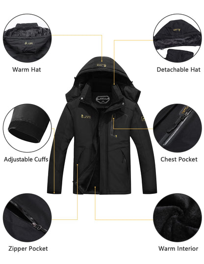 MAOYSSEN Men's Ski Jacket Warm Winter Snow Coat Waterproof Mountain Windbreaker Snowboarding Jacket Hooded for Hiking Traval