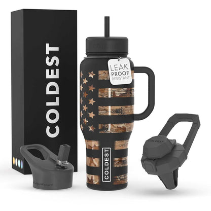 Coldest 40 oz Tumbler with Handle and Straw, 100% Leak Proof Insulated Tumbler with Lid and Straw (3 Lids), Stainless Steel Tumblers for Women & Men, Cup Holder Friendly, 36 oz (Camouflage Flag)