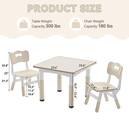 GITAWUSA Kids Study Table and Chairs Set, Height Adjustable Toddler Table and Chair Set for Kids Ages 3-8, 23.6" L x 23.6" W Graffiti Desktop Plastic Children Art Table with 2 Seats, Burlywood