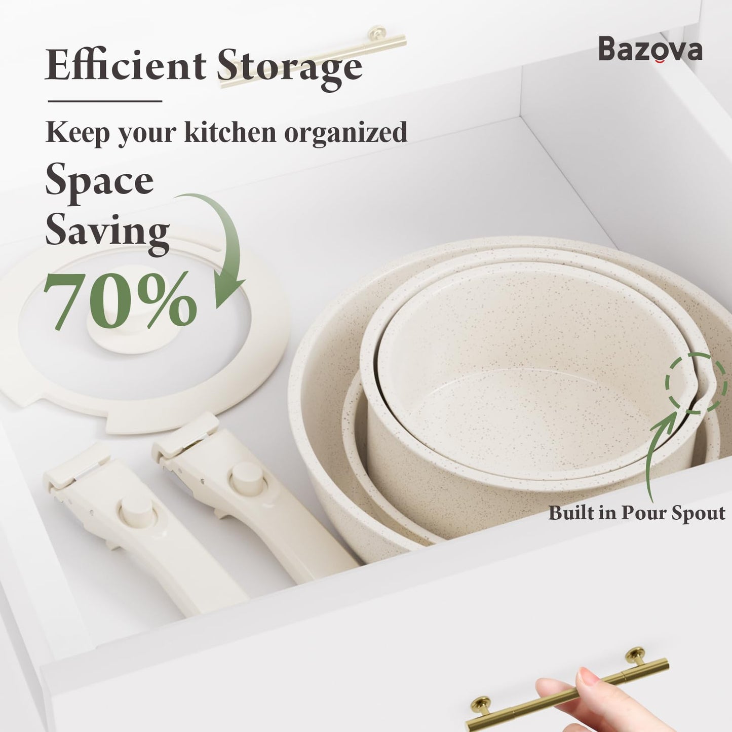 Bazova Ceramic Nonstick Cookware Set, Healthy,Non Toxic,17-Pieces Pots and Pans Set Removable Handles,Induction RV Kitchen Set,Stain & Scratch-resistant,Dishwasher/Oven Safe,PFAS/PFOA Free,Cream White