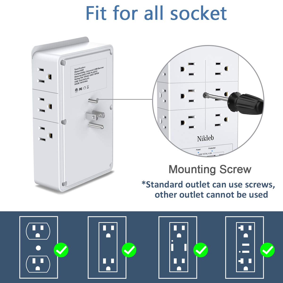 Multi Plug Outlet Surge Protector Nikleb, 12 Electrical Outlet Extender 3 Sided, Wall Outlet with 4 USB Charging Ports Total 4.8A, Plug Adapter 3 Prong, Charging Station Block Wall Mount Low Profile