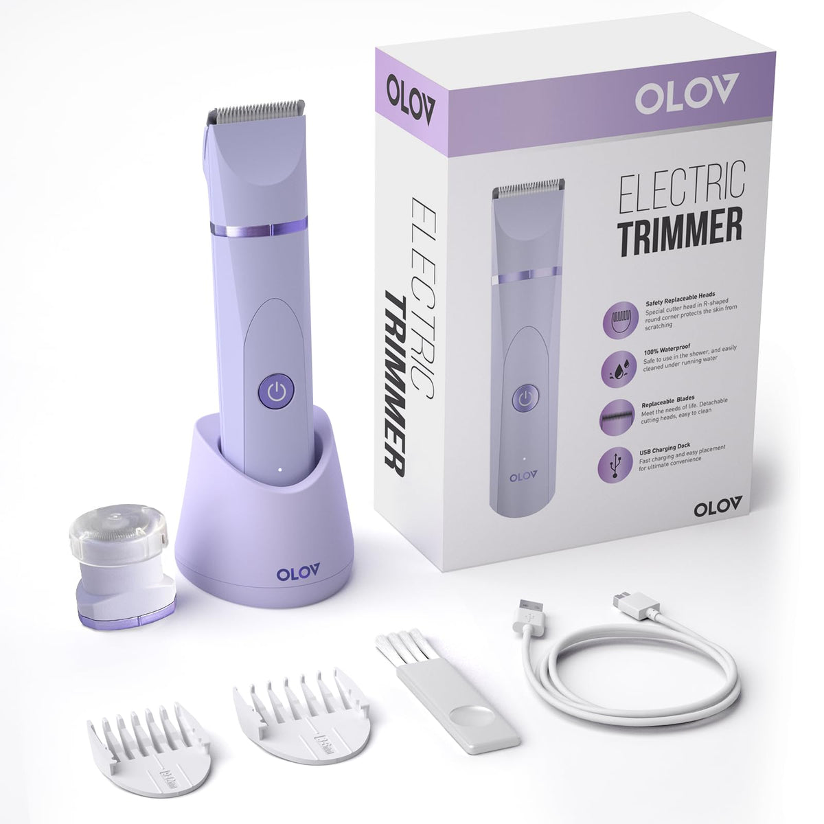 OLOV Electric Body Hair Trimmer - Groin Trimmer for Men - Bikini Trimmer Women - Wet/Dry Shaver Groomer, Replaceable Ceramic Blade Heads, USB Recharge Dock, Waterproof Hygiene Razor,Purple