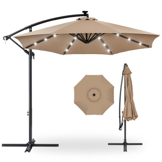 Best Choice Products 10ft Solar LED Offset Hanging Market Patio Umbrella for Backyard, Poolside, Lawn and Garden w/Easy Tilt Adjustment, Polyester Shade, 8 Ribs - Tan