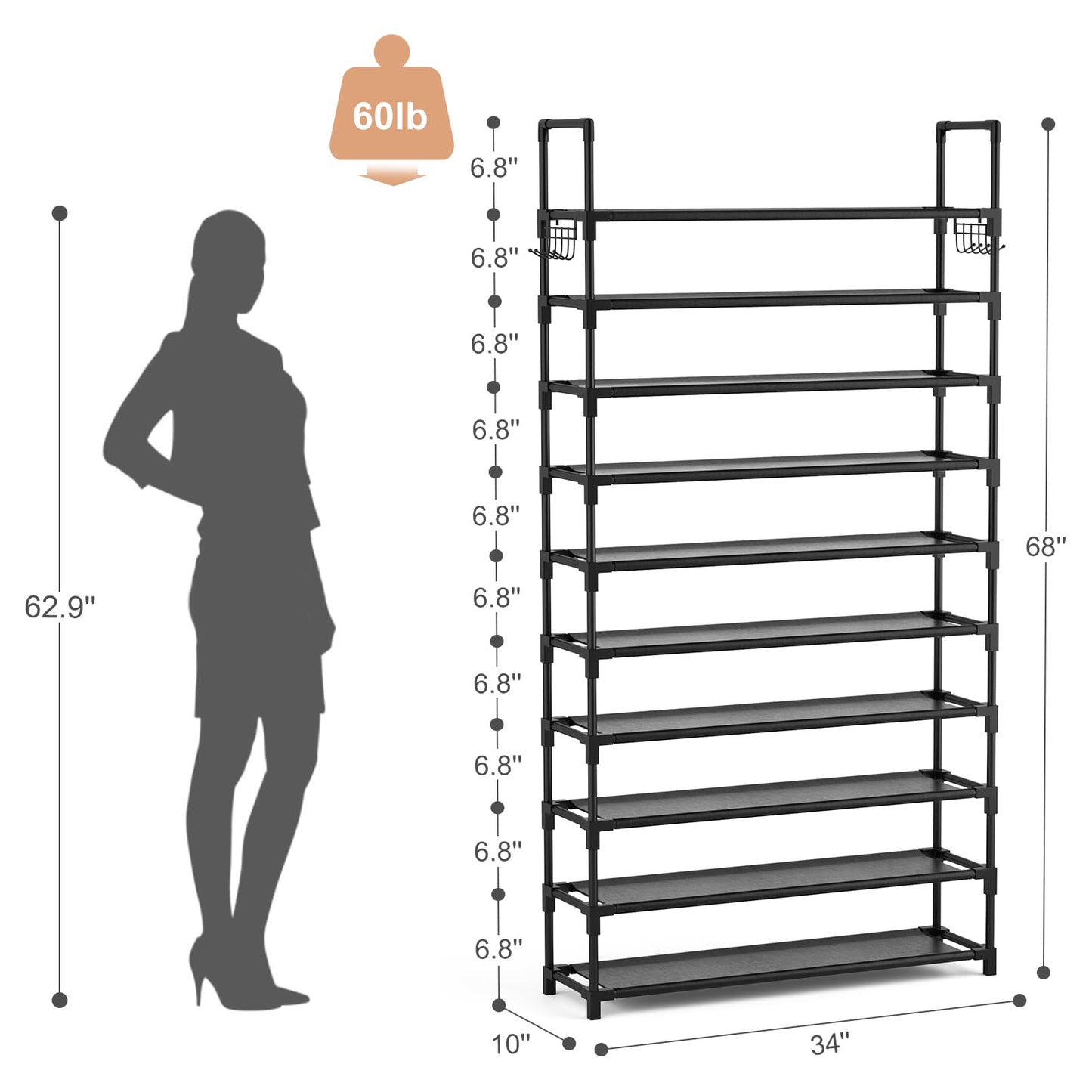 VTRIN 10 Tier Shoe Rack Tall Large Capacity 50 Pair Wide Shoe Organizer with Two Hooks Sturdy Metal Shoe Shelf for Entryway, Closet, Bedroom