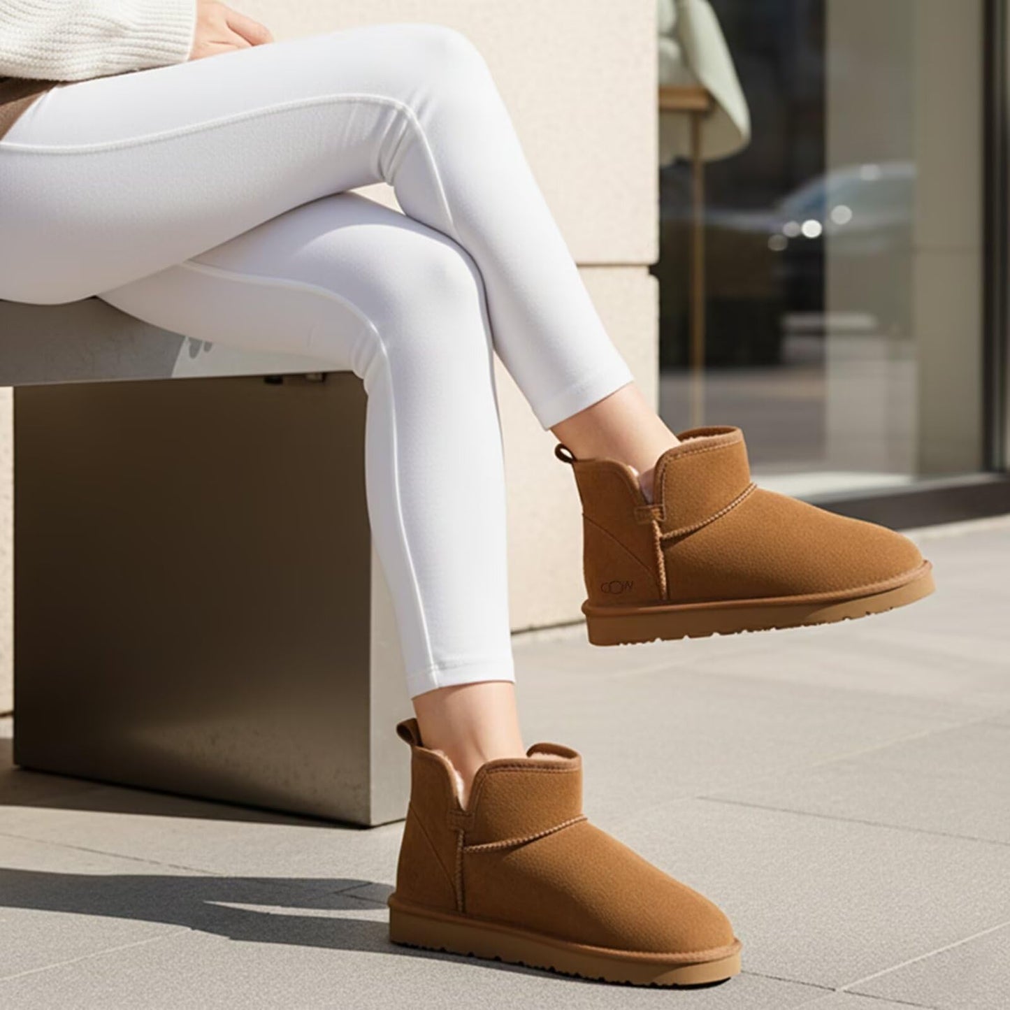 OOW Winter Ankle Genuine Suede Boots for Women Snow Slip On Comfort Short Booties Fall Warm Casual Fuzzy Shoes for Indoor & Outdoor