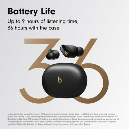 Beats Studio Buds + | True Wireless Noise Cancelling Earbuds, Enhanced Apple & Android Compatibility, Built-in Microphone, Sweat Resistant Bluetooth Headphones, Spatial Audio - Black/Gold