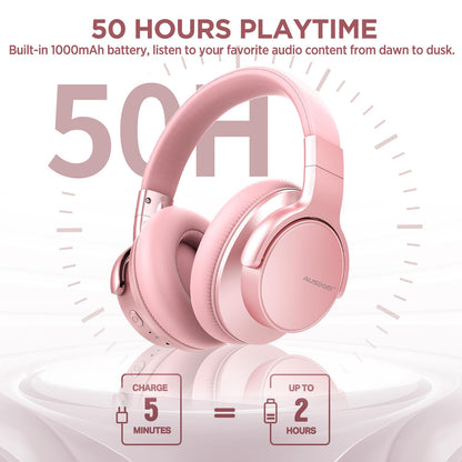 AUSDOM E7 Bluetooth 5.0 Active Noise Cancelling Headphones, Wireless Over Ear ANC with Microphone, Hi-Fi Stereo Sound, 50H Playtime, Comfortable Earpads for Travel Work TV Phones, Rose Gold